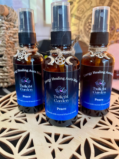 Peace Crystal Energy Infused & Aromatherapy Aura Mist - Stress & Anxiety Management - Ylang Ylang, Lavender & Vanilla - Amethyst Chips - Polysorbate free