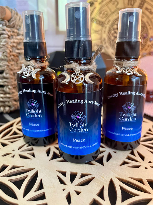 Peace Crystal Energy Infused & Aromatherapy Aura Mist - Stress & Anxiety Management - Ylang Ylang, Lavender & Vanilla - Amethyst Chips - Polysorbate free