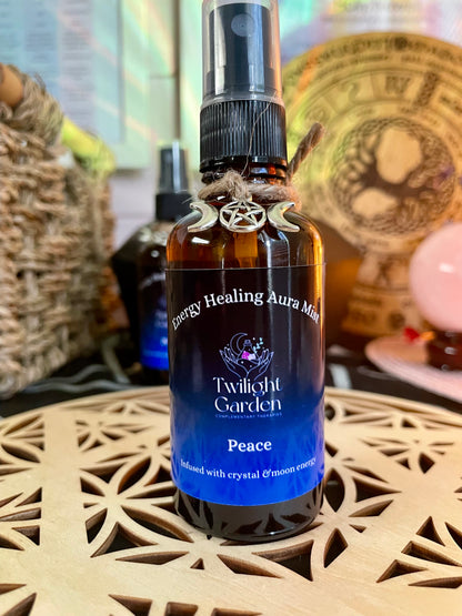 Peace Crystal Energy Infused & Aromatherapy Aura Mist - Stress & Anxiety Management - Ylang Ylang, Lavender & Vanilla - Amethyst Chips - Polysorbate free