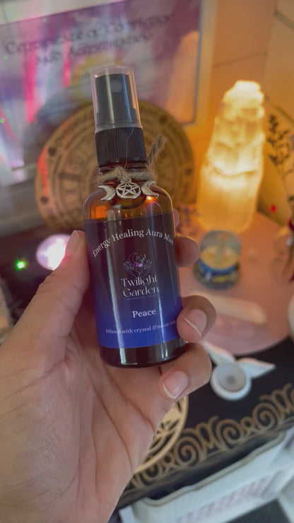 Peace Crystal Energy Infused & Aromatherapy Aura Mist - Stress & Anxiety Management - Ylang Ylang, Lavender & Vanilla - Amethyst Chips - Polysorbate free